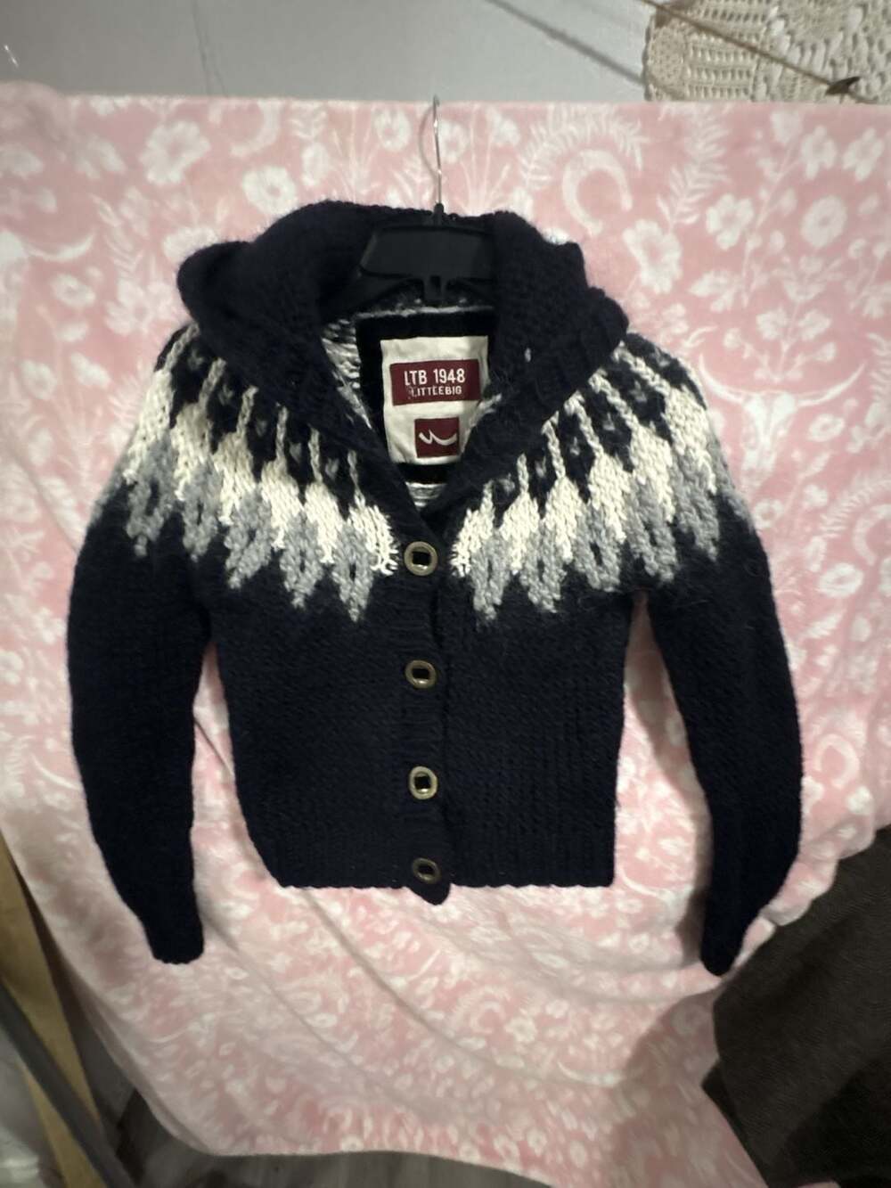 LTB 1948 LittleBig Navy Blue and White Icelandic Fair Isle Hooded Cardigan Sweat